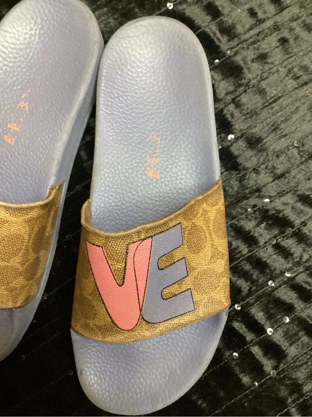 Coach Adele Pink and Gray “LOVE” Appliqué Slide Sandals 8